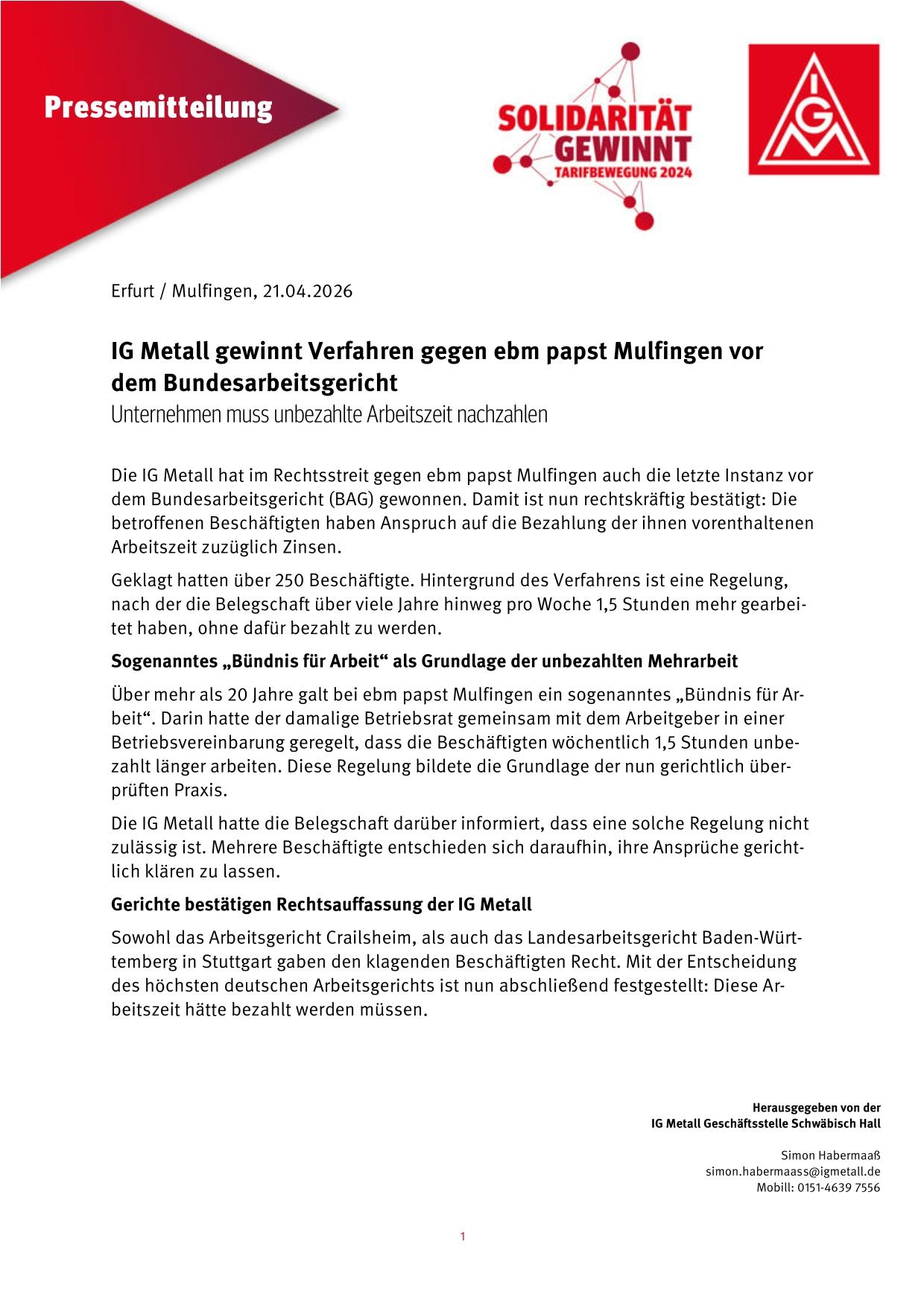 Pressemitteilung: IG Metall gewinnt Verfahren gegen ebm papst Mulfingen vor dem Bundesarbeitsgericht