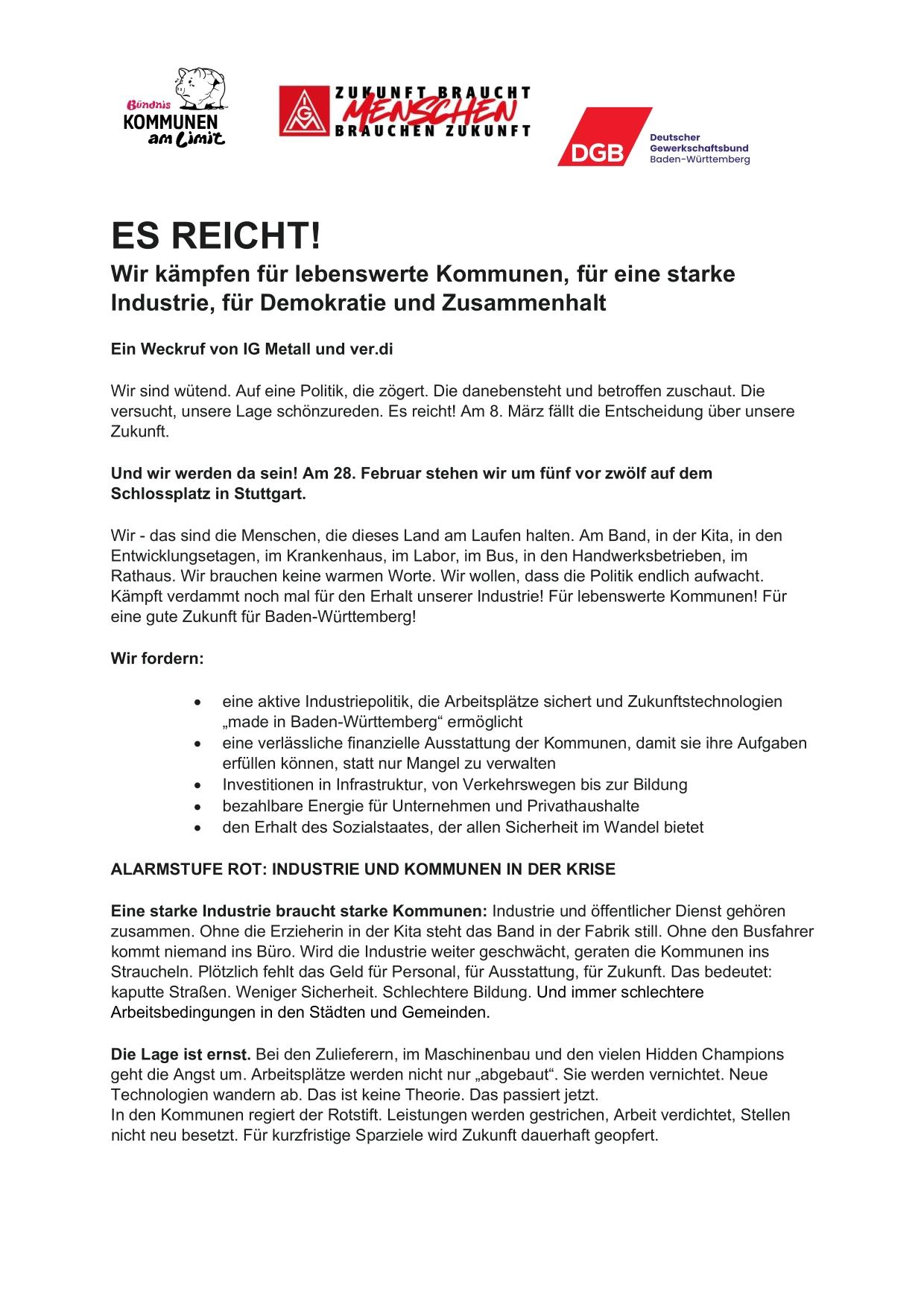 Aufruf des DGB zum Aktionstag am 28.02.2026 in Stuttgart