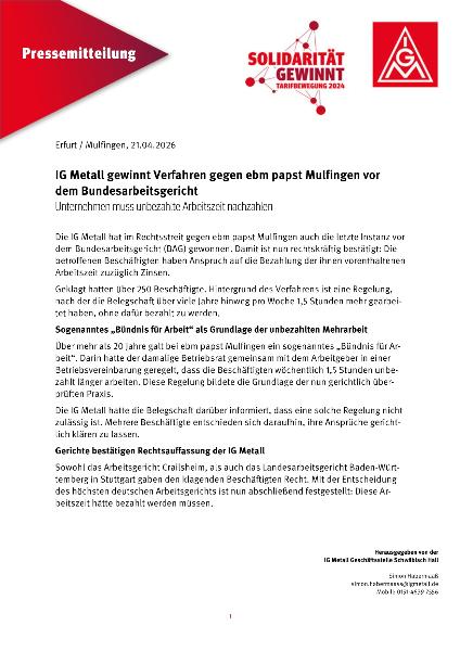 Pressemitteilung: IG Metall gewinnt Verfahren gegen ebm papst Mulfingen vor dem Bundesarbeitsgericht